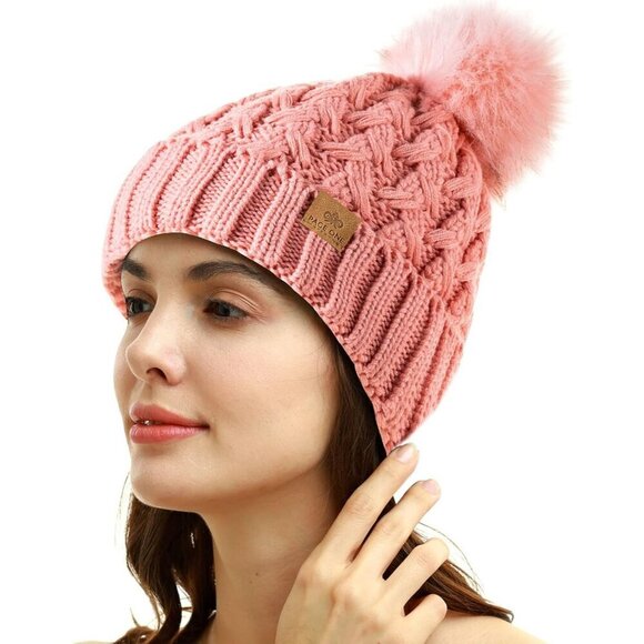 Women’s Rose Pink Winter Ribbed Beanie Hat Chunky Cable Knit Pompom Warm